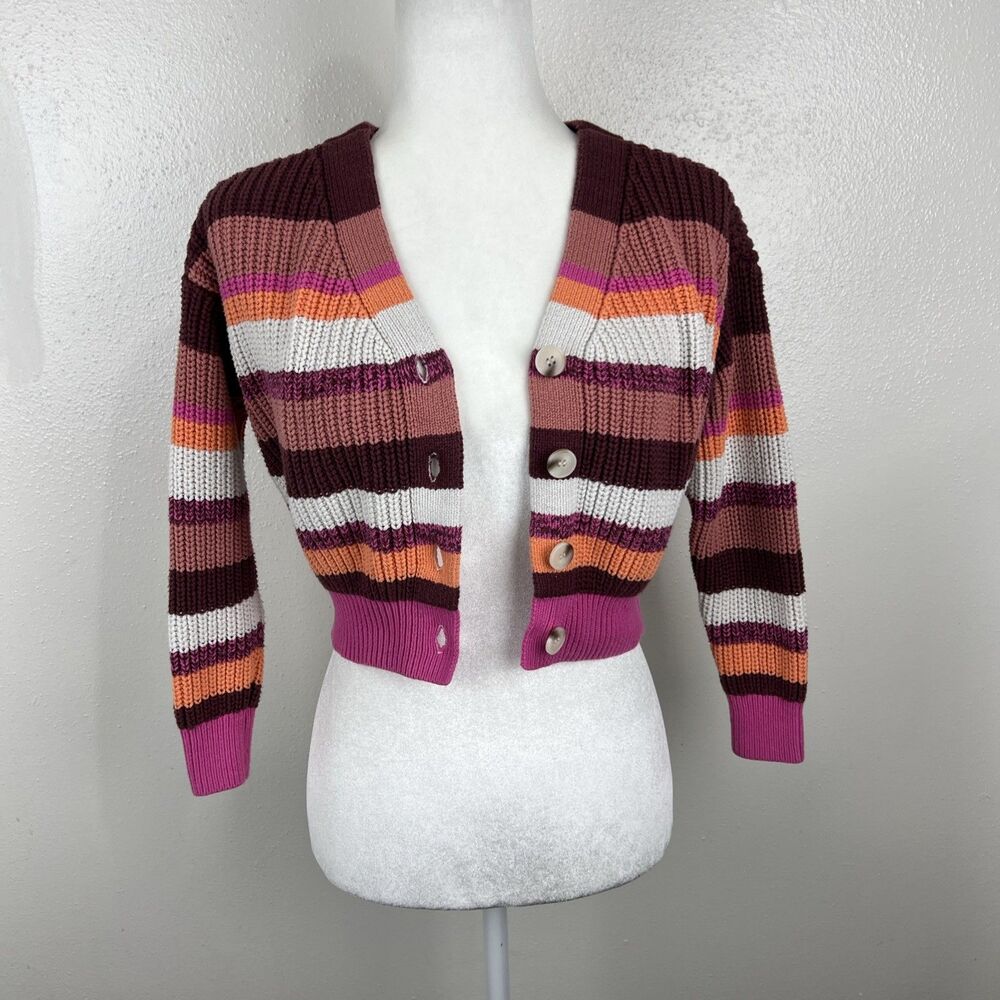 Jessica Simpson Sweater Women Small Pink Orange Striped Button Up Cardigan - Picture 12 of 12